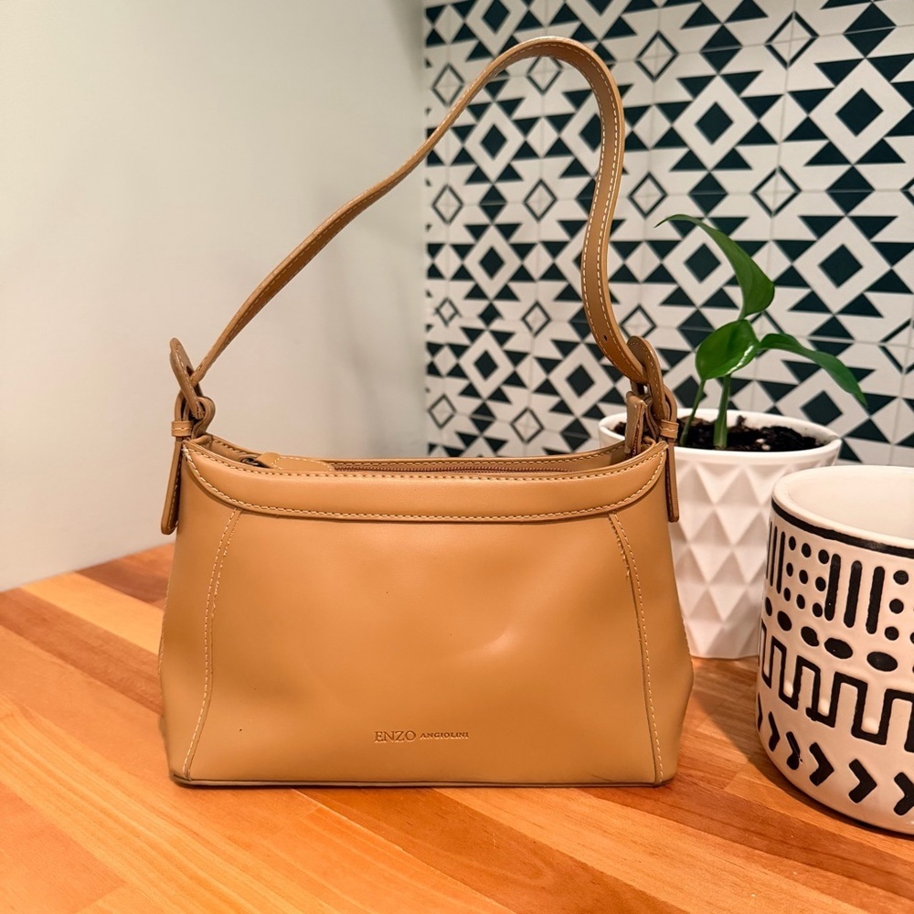 Enzo Angiolini Camel Shoulder Bag Multiple Pockets Top Zipper Buckle Straps